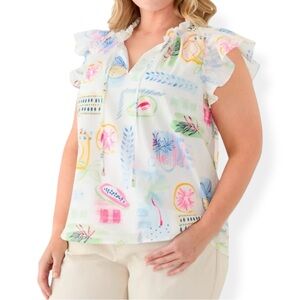 Crown Ivy Top Womens Plus 1X Split Neck Ruffle Sleeve Printed Top Keyhole Lined